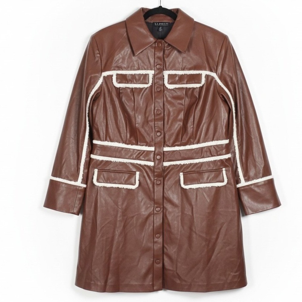 Eloquii Brown Faux Leather Sherpa Trim Button Front Mini Dress Jacket Size 14